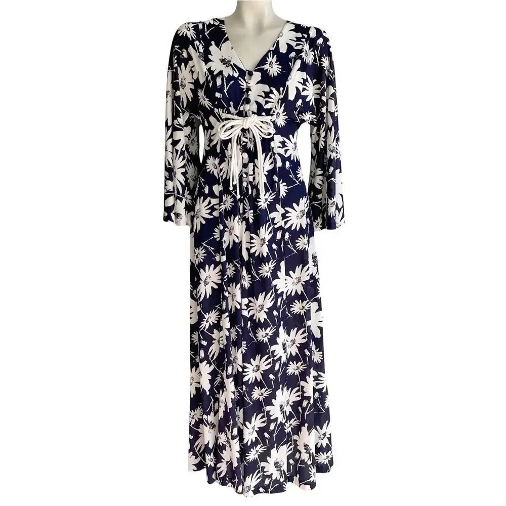 SANDCASTLE SWIMWEAR VINTAGE NAVY WHITE FLORAL COVERUP DRESS SZ S - Picture 4 of 6